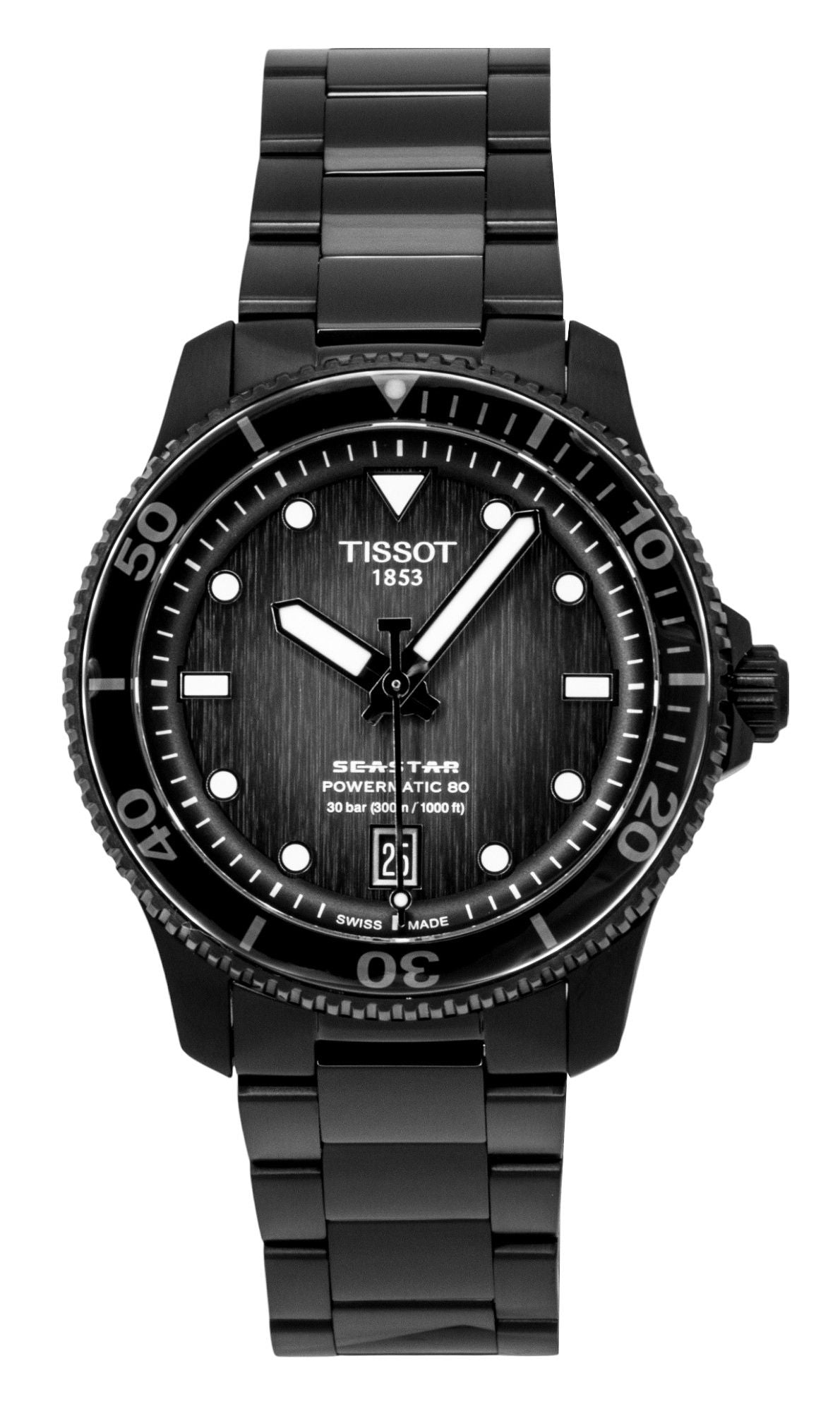 Tissot Automatic movement Black Stainless steel Male T120.807.33.051.00. A brand-new Tissot watch featuring a Black dial and a Stainless steel strap. Front view.