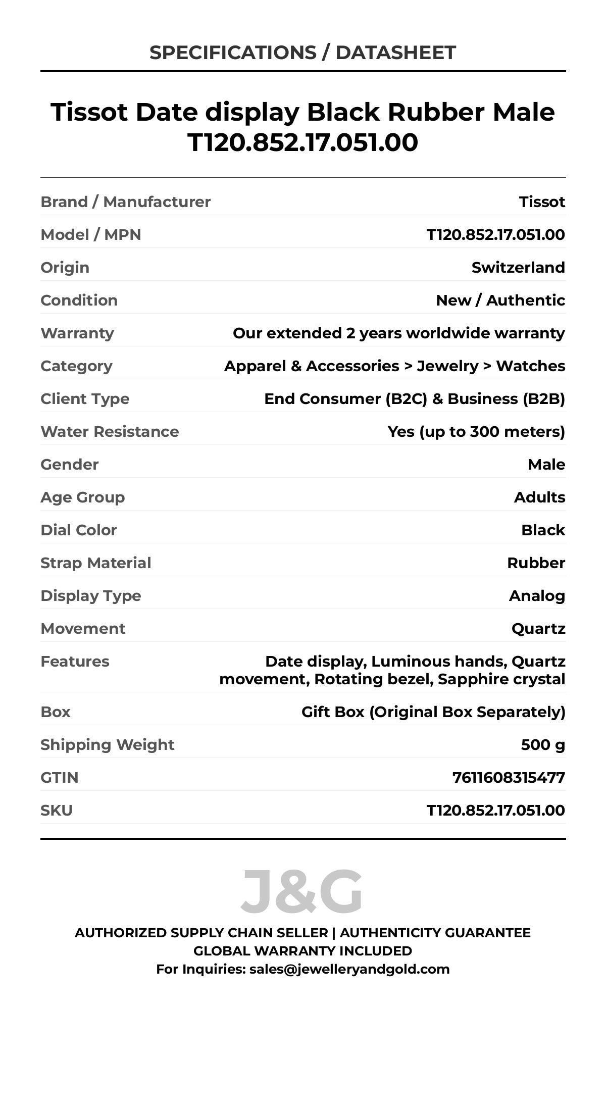 Tissot Date display Black Rubber Male T120.852.17.051.00 - Specifications