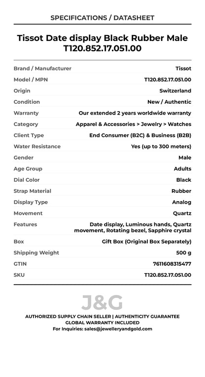 Tissot Date display Black Rubber Male T120.852.17.051.00 - Specifications