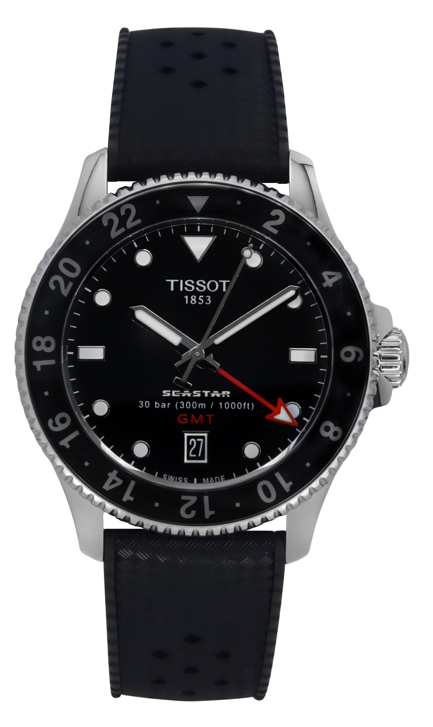 Tissot Date display Black Rubber Male T120.852.17.051.00. A brand-new Tissot watch featuring a Black dial and a Rubber strap. Side view.