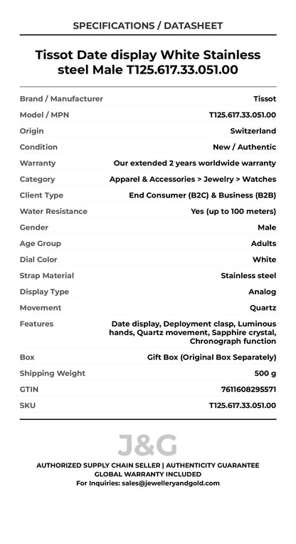 Tissot Date display White Stainless steel Male T125.617.33.051.00 - Specifications