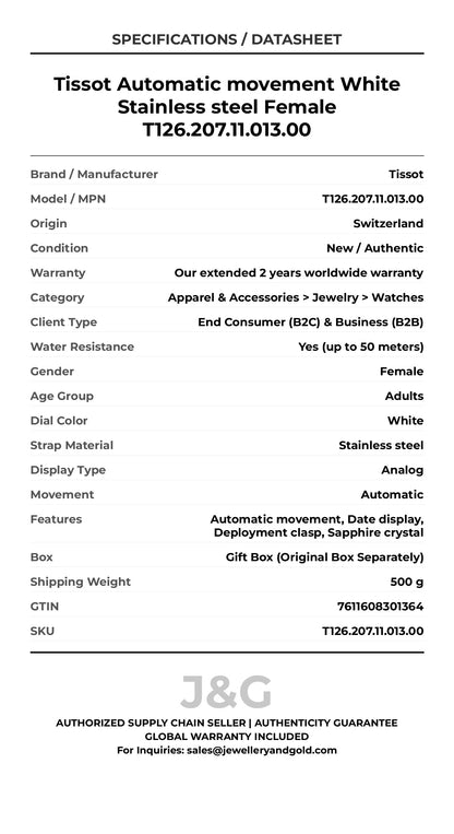 Tissot Automatic movement White Stainless steel Female T126.207.11.013.00 - Specifications