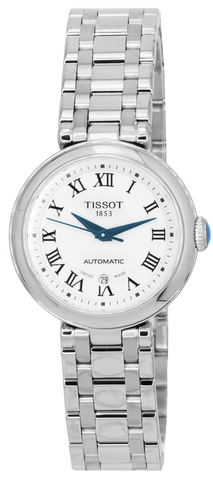 Tissot Automatic movement White Stainless steel Female T126.207.11.013.00. A brand-new Tissot watch featuring a White dial and a Stainless steel strap. Angled view.