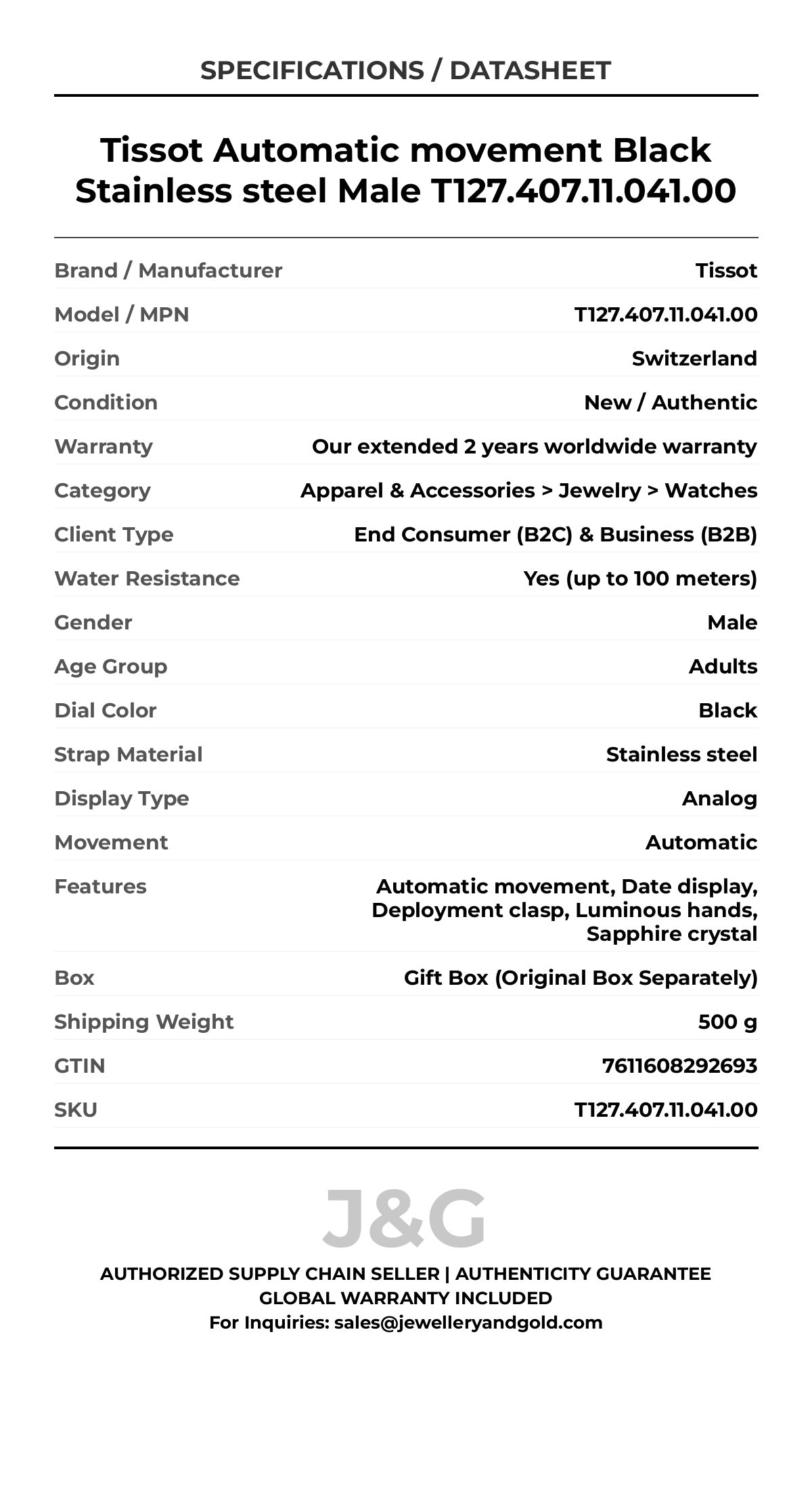 Tissot Automatic movement Black Stainless steel Male T127.407.11.041.00 - Specifications