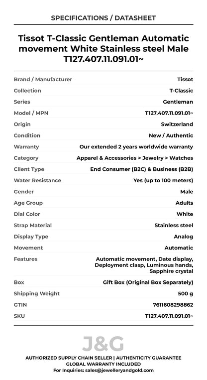 Tissot T-Classic Gentleman Automatic movement White Stainless steel Male T127.407.11.091.01~ - Specifications