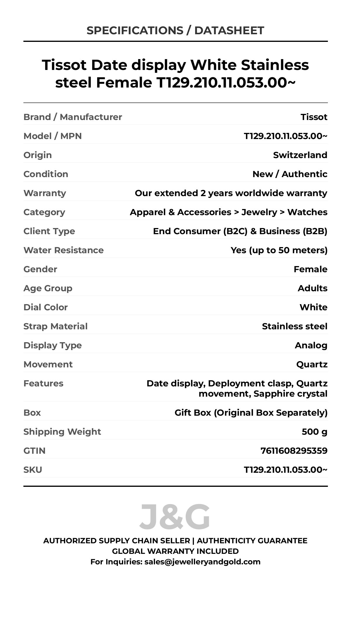 Tissot Date display White Stainless steel Female T129.210.11.053.00~ - Specifications