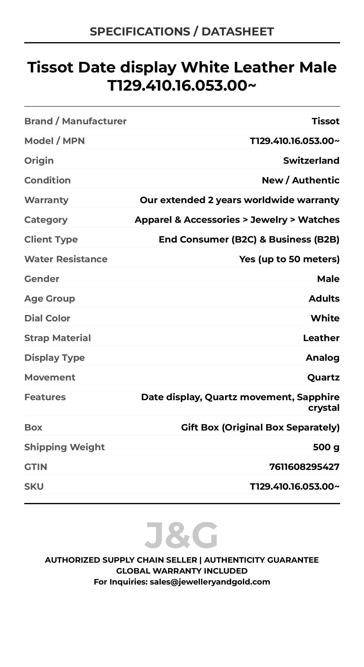 Tissot Date display White Leather Male T129.410.16.053.00~ - Specifications