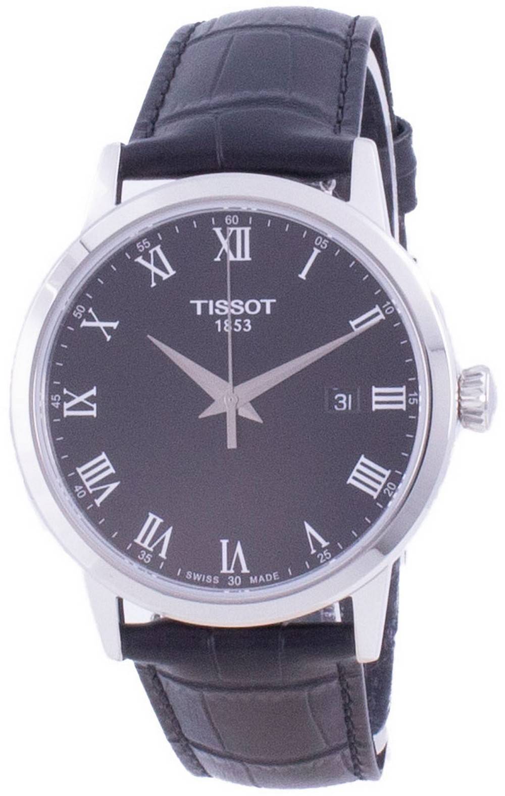Tissot Date display White Leather Male T129.410.16.053.00~. A brand-new Tissot watch featuring a White dial and a Leather strap. Angled view.
