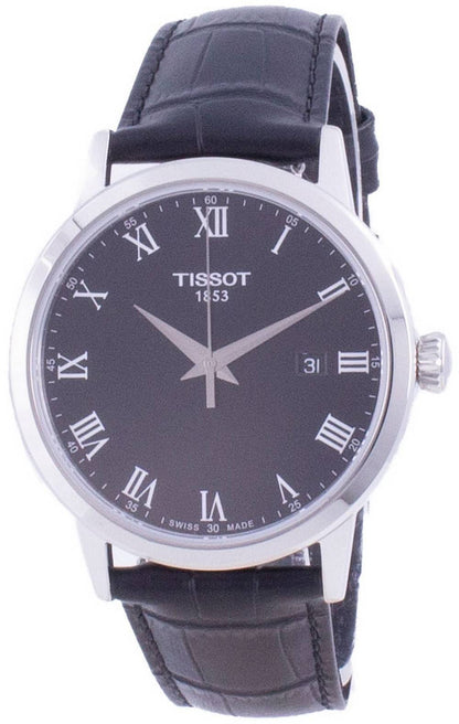 Tissot Date display White Leather Male T129.410.16.053.00~. A brand-new Tissot watch featuring a White dial and a Leather strap. Angled view.