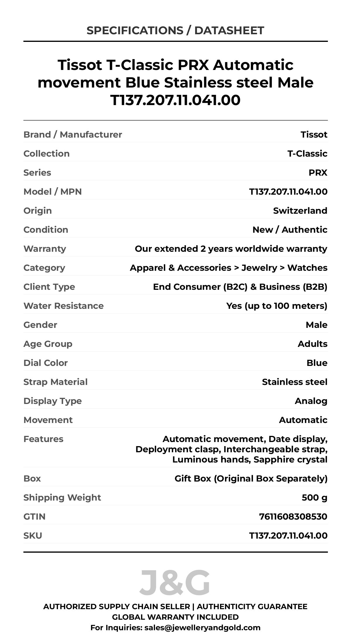 Tissot T-Classic PRX Automatic movement Blue Stainless steel Male T137.207.11.041.00 - Specifications