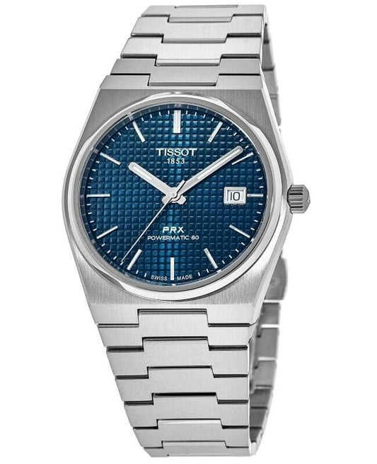Tissot T-Classic PRX Automatic movement Blue Stainless steel Male T137.207.11.041.00. A brand-new Tissot T-Classic watch featuring a Blue dial and a Stainless steel strap. Side view.