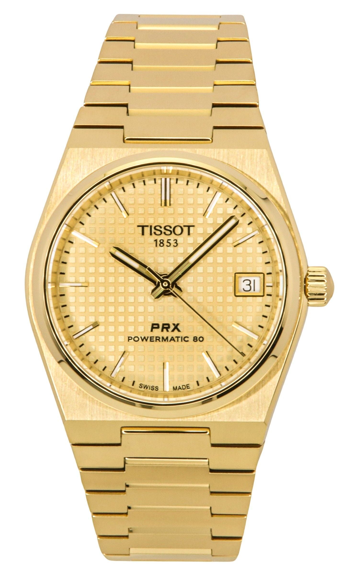 Tissot Anti-reflective Champagne Stainless steel Male T137.207.33.021.00~. A brand-new Tissot watch featuring a Champagne dial and a Stainless steel strap. Side view.