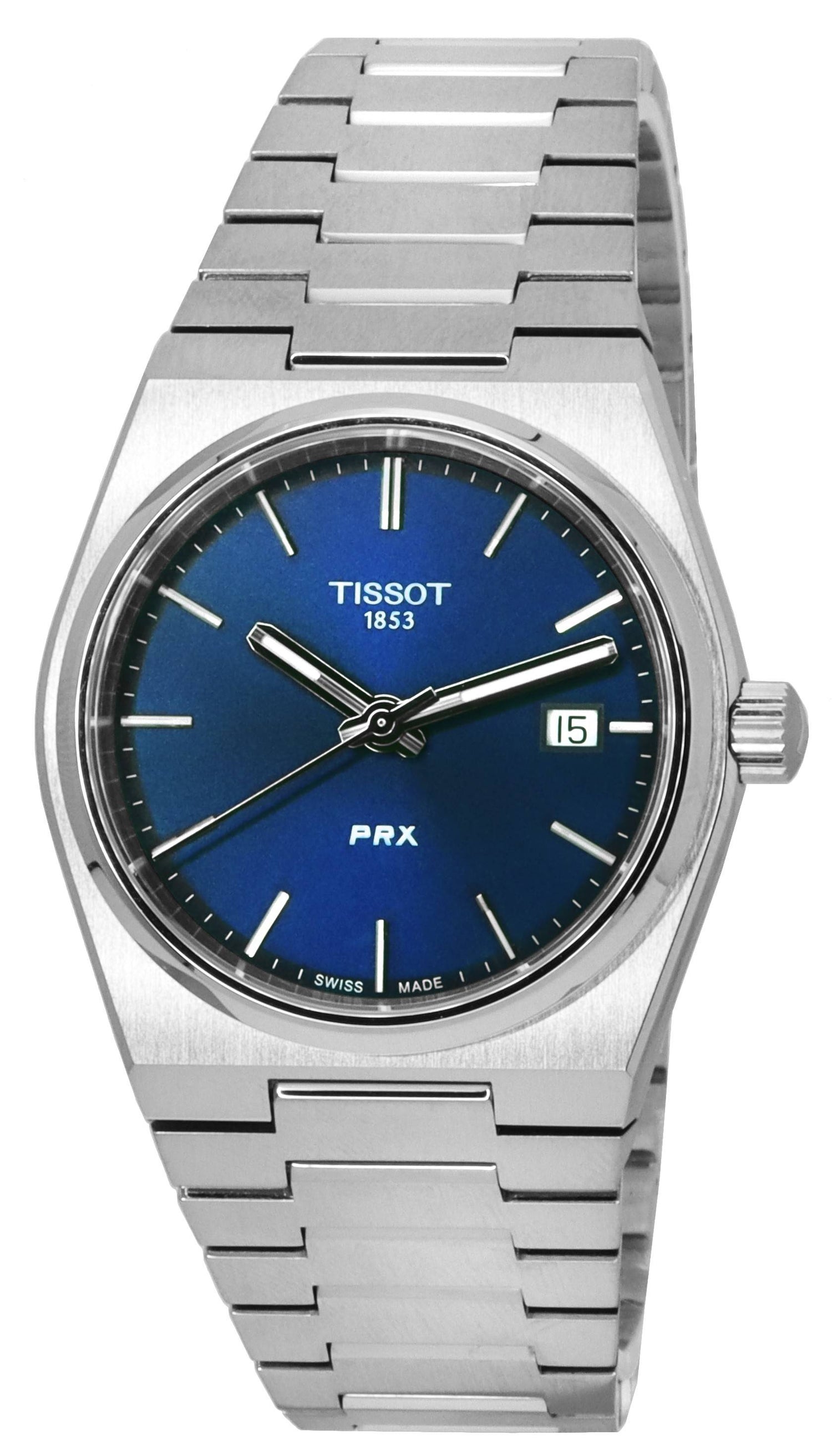 Tissot T-Classic PRX Date display Blue Stainless steel Male T137.210.11.041.00. A brand-new Tissot T-Classic watch featuring a Blue dial and a Stainless steel strap. Side view.