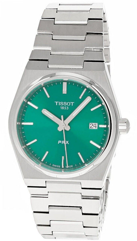 Tissot T-Classic PRX Quartz movement Green Stainless steel Male T137.210.11.081.00. A brand-new Tissot T-Classic watch featuring a Green dial and a Stainless steel strap. Angled view.