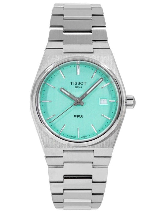 Tissot T-Classic PRX Quartz movement Green Stainless steel Female T137.210.11.091.00. A brand-new Tissot T-Classic watch featuring a Green dial and a Stainless steel strap. Side view.