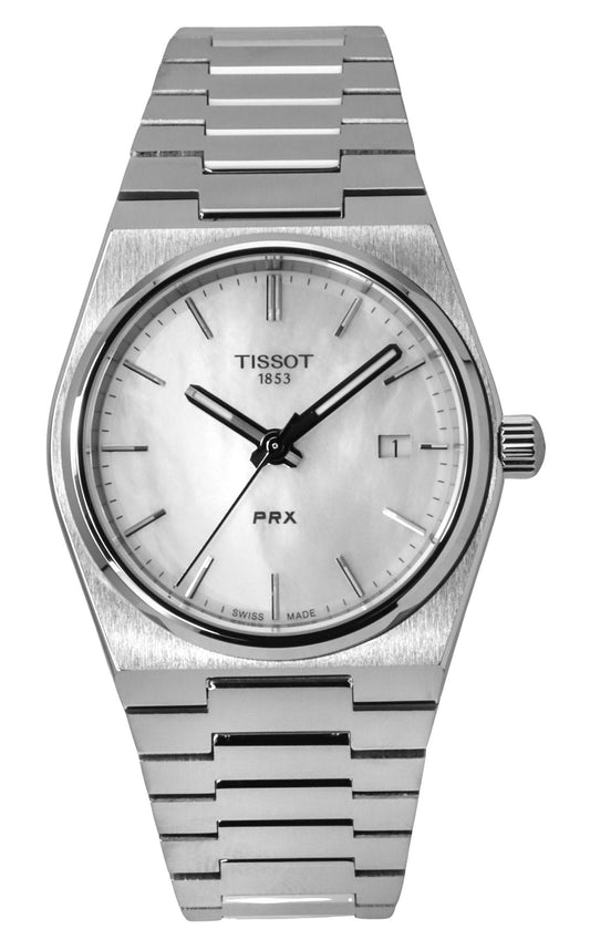 Tissot Date display Mother Of Pearl Stainless steel Unisex T137.210.11.111.00. A brand-new Tissot watch featuring a Mother Of Pearl dial and a Stainless steel strap. Side view.