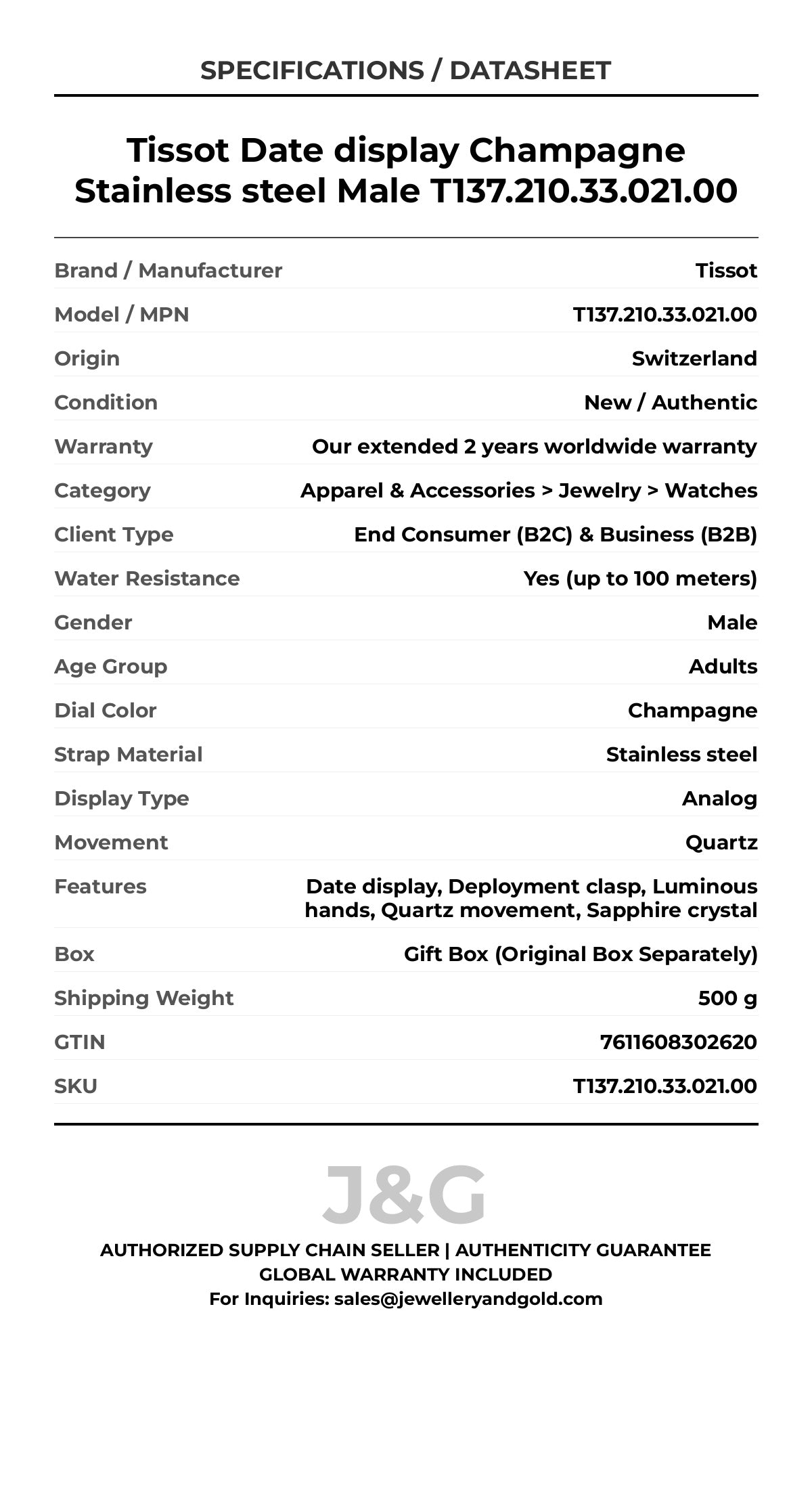 Tissot Date display Champagne Stainless steel Male T137.210.33.021.00 - Specifications