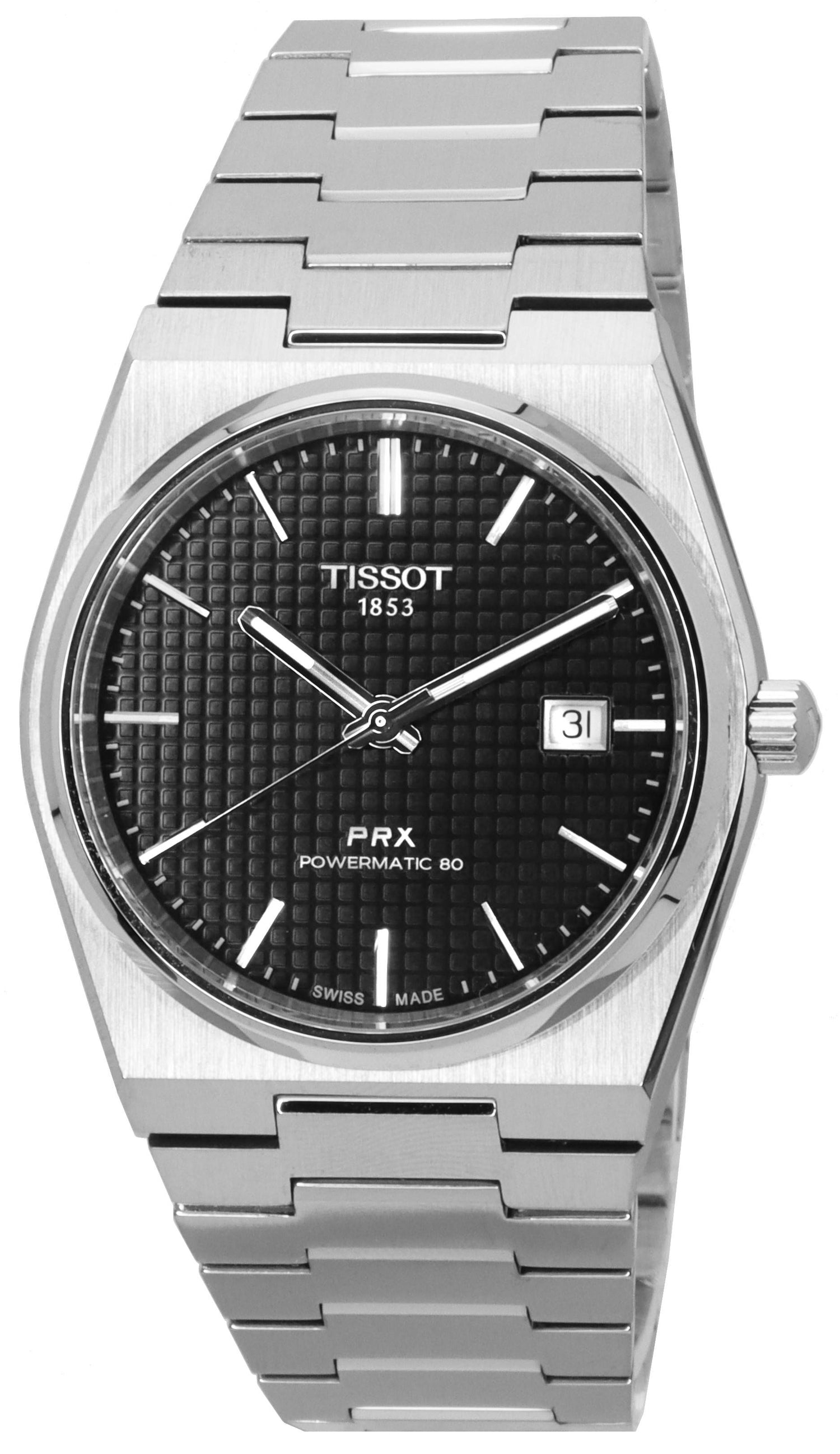 Tissot T-Classic PRX Automatic movement Black Stainless steel Male T137.407.11.051.00. A brand-new Tissot T-Classic watch featuring a Black dial and a Stainless steel strap. Front view.