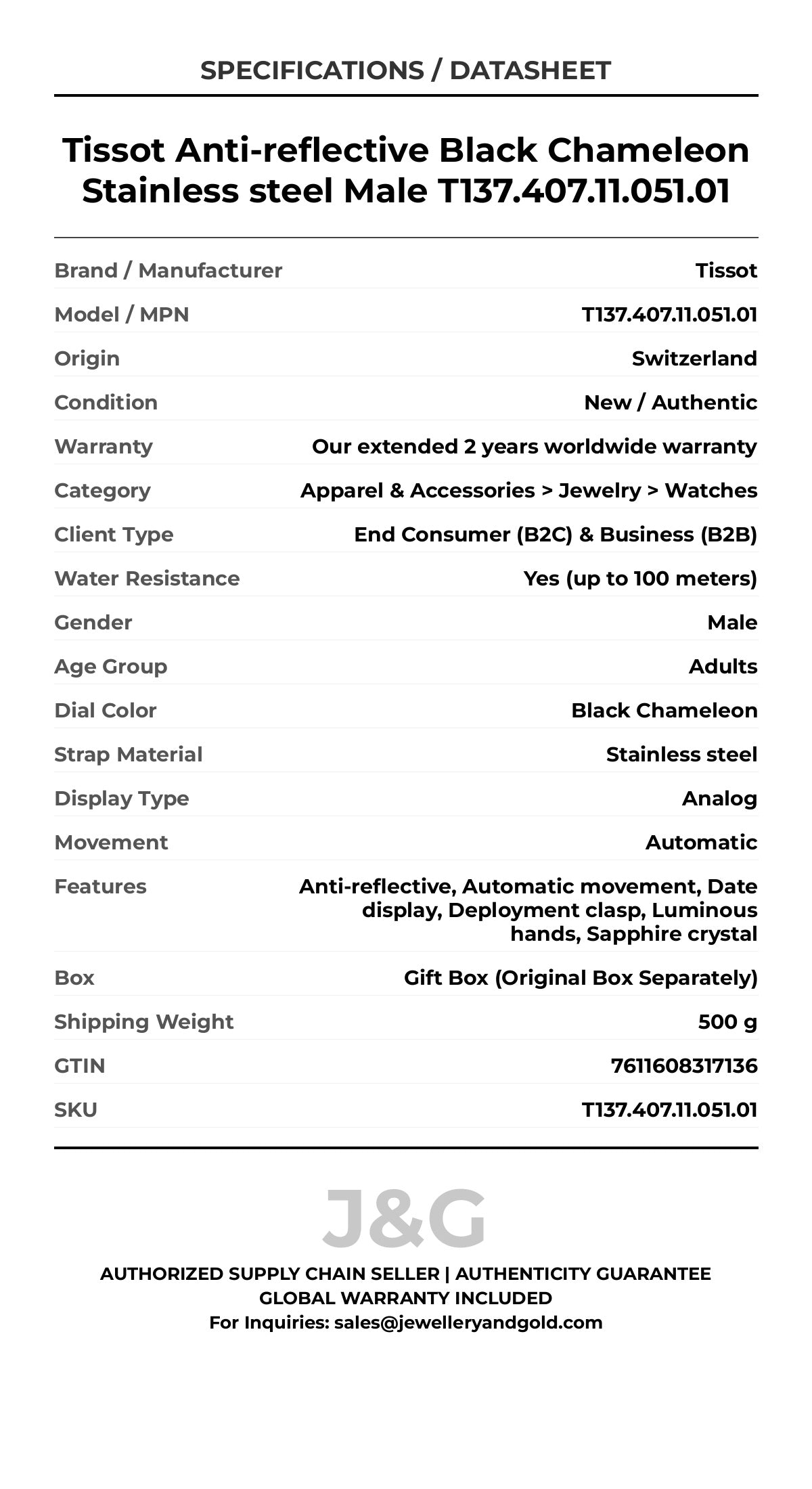 Tissot Anti-reflective Black Chameleon Stainless steel Male T137.407.11.051.01 - Specifications