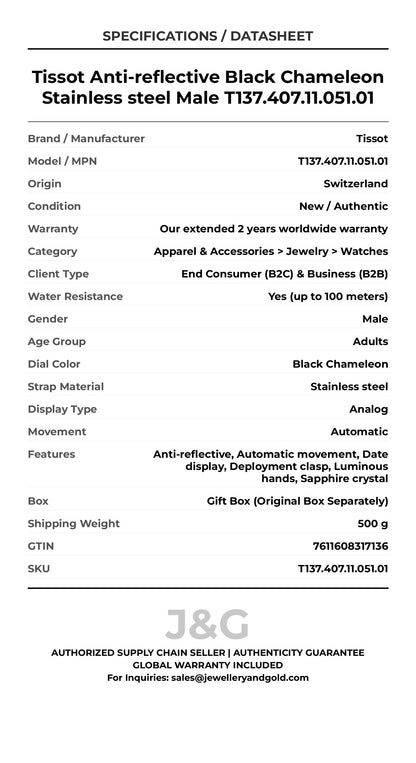 Tissot Anti-reflective Black Chameleon Stainless steel Male T137.407.11.051.01 - Specifications