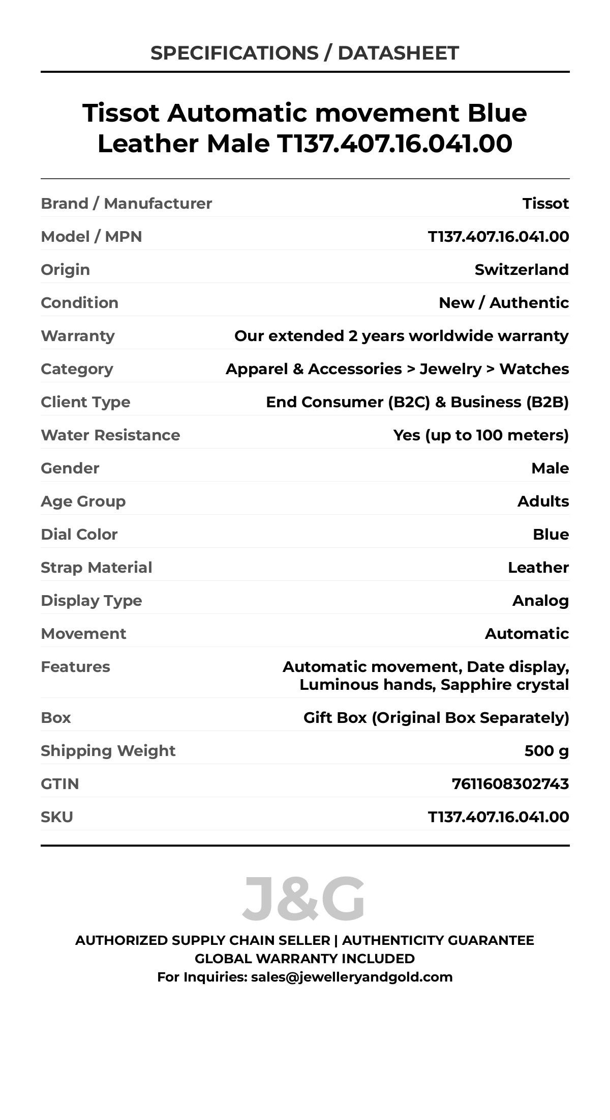Tissot Automatic movement Blue Leather Male T137.407.16.041.00 - Specifications