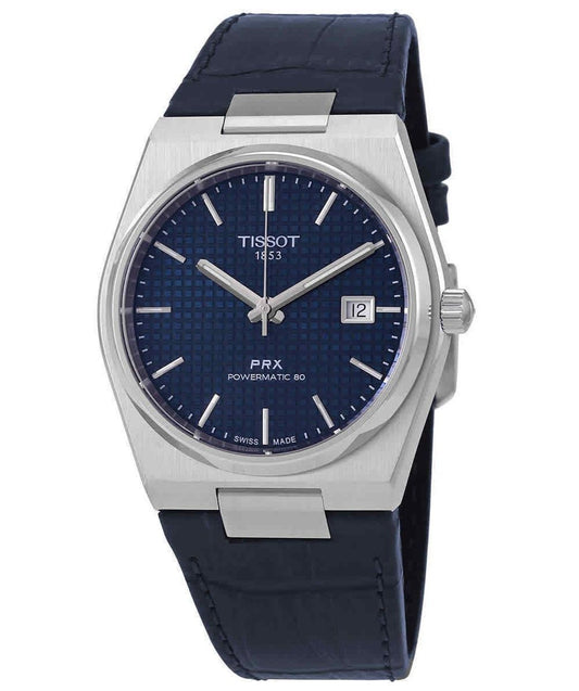Tissot Automatic movement Blue Leather Male T137.407.16.041.00. A brand-new Tissot watch featuring a Blue dial and a Leather strap. Angled view.