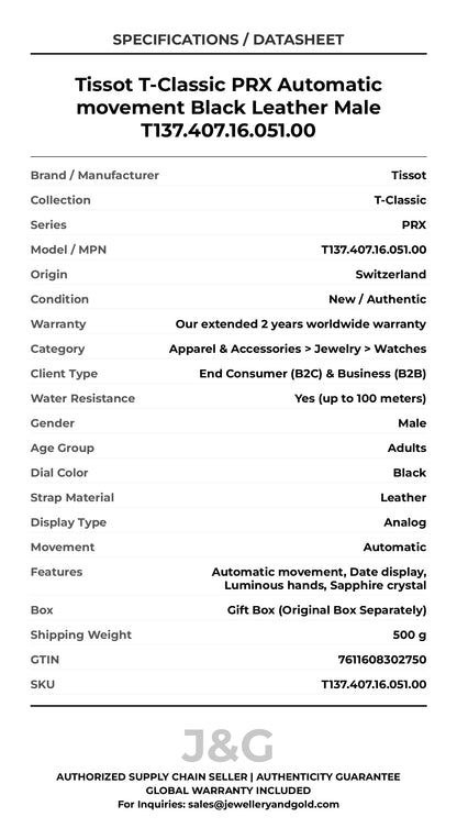 Tissot T-Classic PRX Automatic movement Black Leather Male T137.407.16.051.00 - Specifications