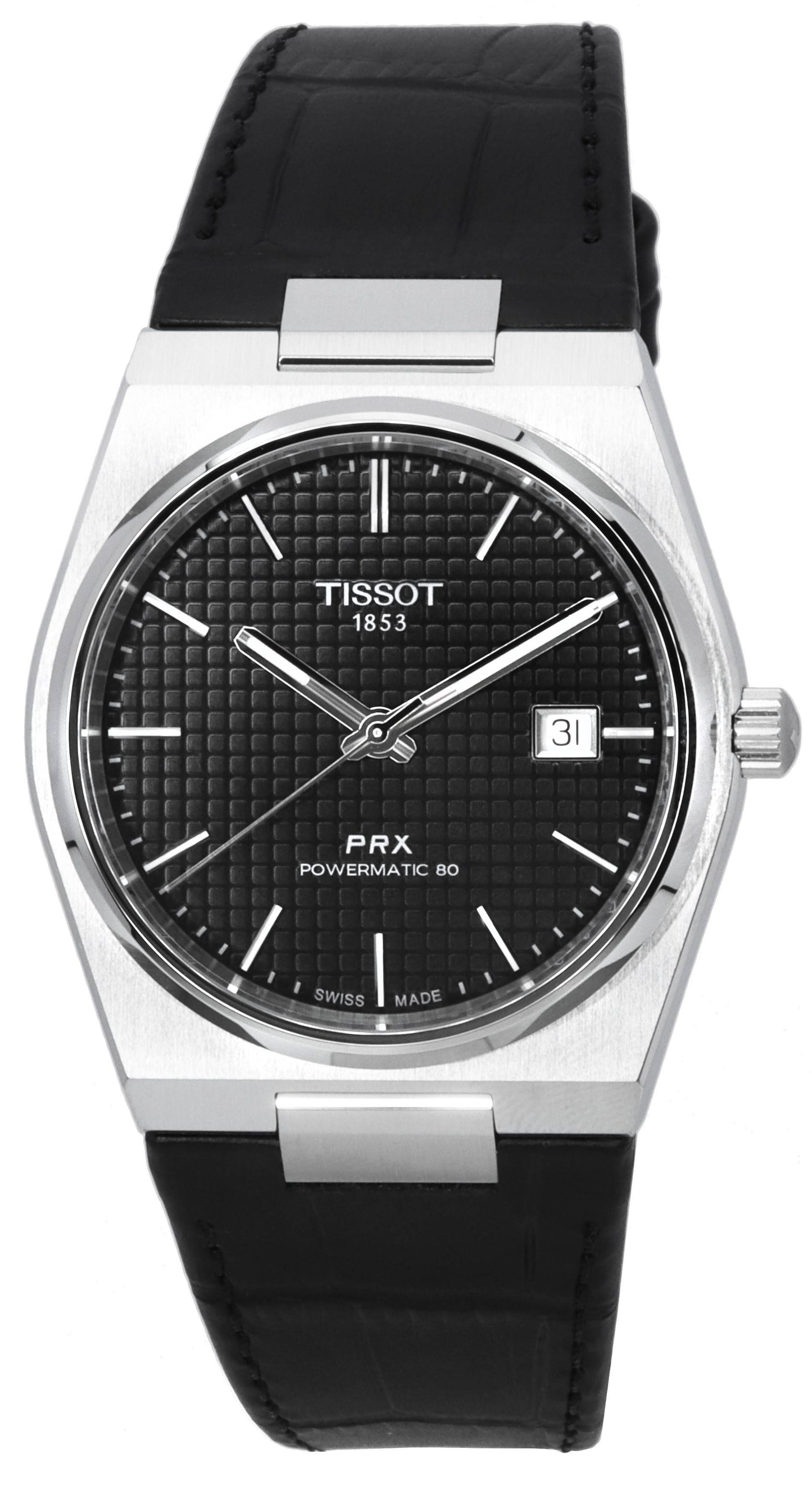 Tissot T-Classic PRX Automatic movement Black Leather Male T137.407.16.051.00. A brand-new Tissot T-Classic watch featuring a Black dial and a Leather strap. Angled view.