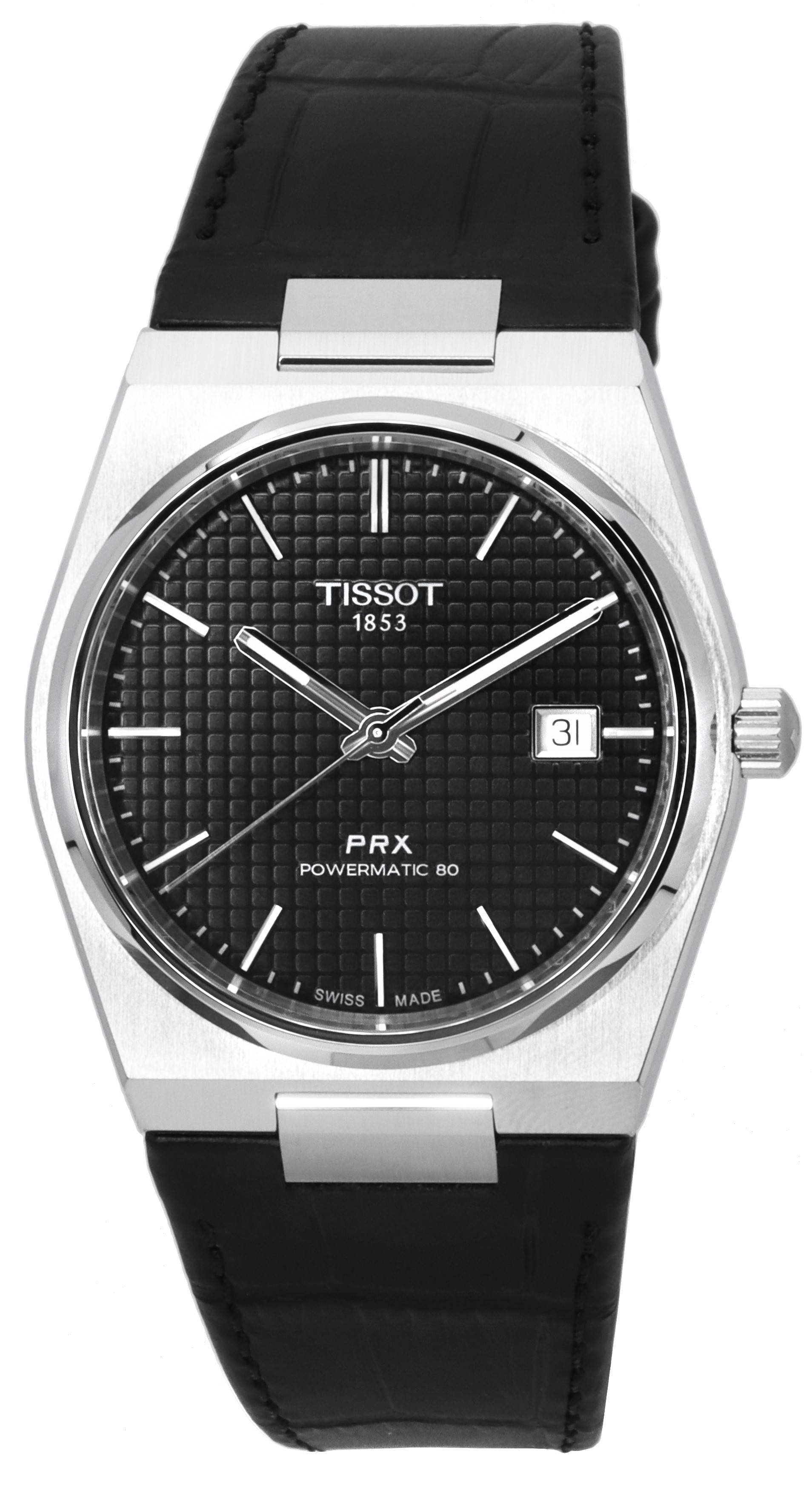 Tissot T-Classic PRX Automatic movement Black Leather Male T137.407.16.051.00. A brand-new Tissot T-Classic watch featuring a Black dial and a Leather strap. Angled view.