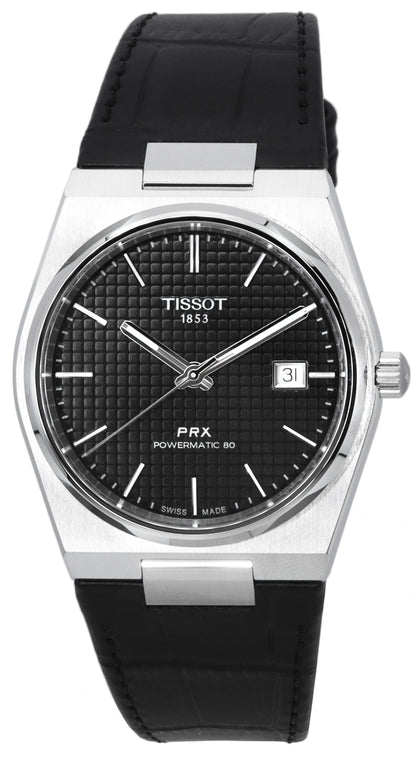 Tissot T-Classic PRX Automatic movement Black Leather Male T137.407.16.051.00. A brand-new Tissot T-Classic watch featuring a Black dial and a Leather strap. Angled view.