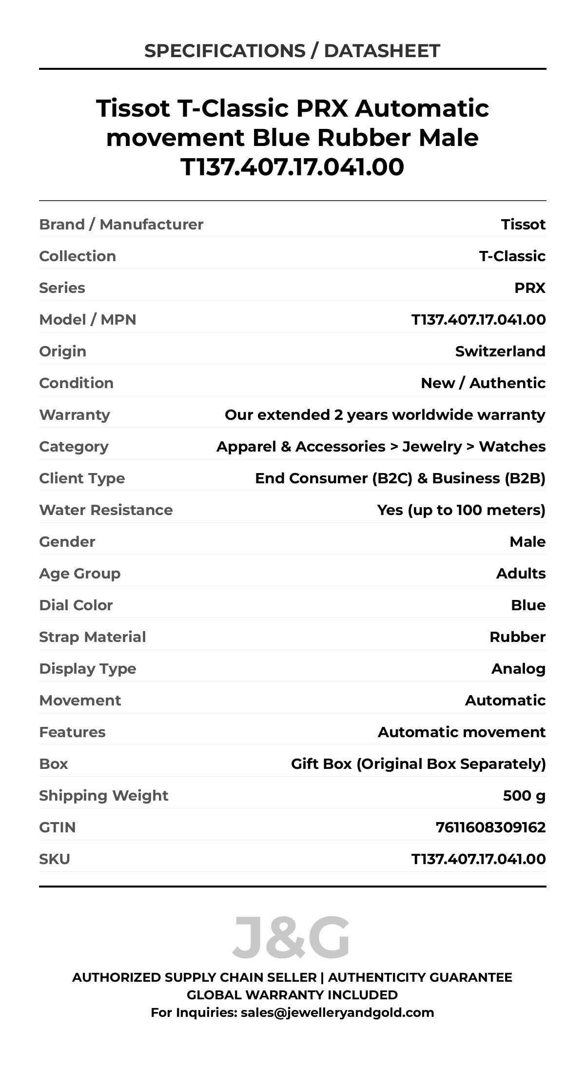 Tissot T-Classic PRX Automatic movement Blue Rubber Male T137.407.17.041.00 - Specifications