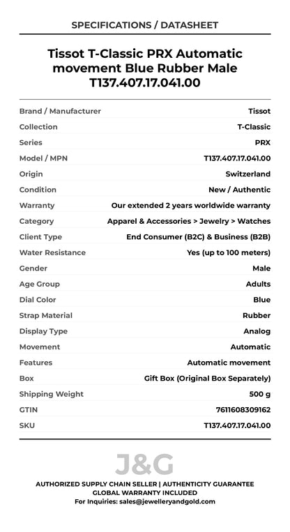 Tissot T-Classic PRX Automatic movement Blue Rubber Male T137.407.17.041.00 - Specifications