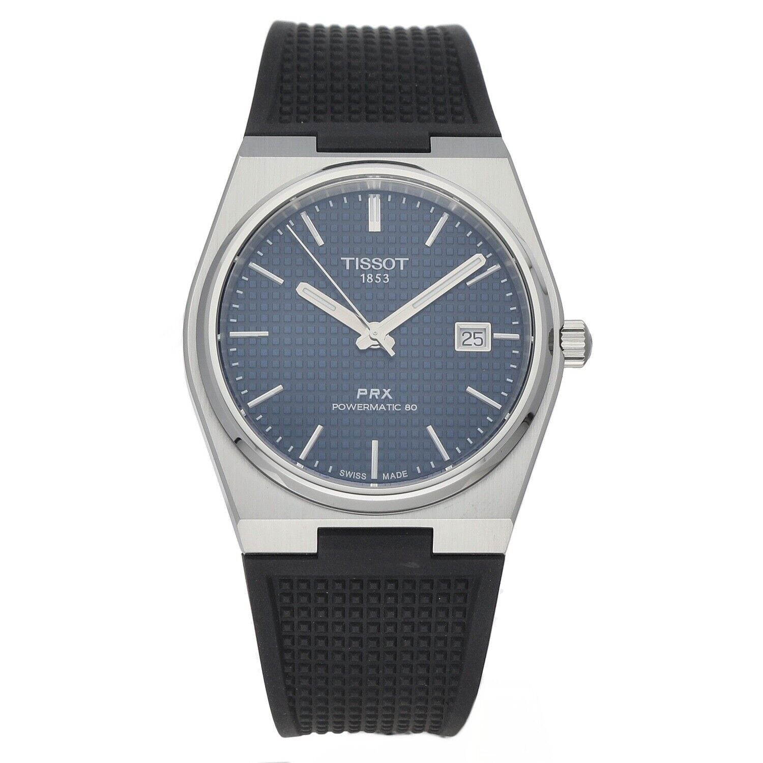 Tissot T-Classic PRX Automatic movement Blue Rubber Male T137.407.17.041.00. A brand-new Tissot T-Classic watch featuring a Blue dial and a Rubber strap. Angled view.