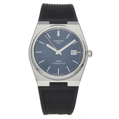 Tissot T-Classic PRX Automatic movement Blue Rubber Male T137.407.17.041.00. A brand-new Tissot T-Classic watch featuring a Blue dial and a Rubber strap. Angled view.
