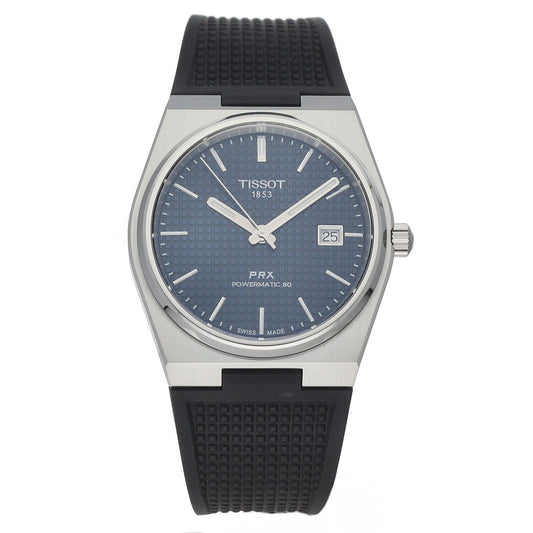 Tissot T-Classic PRX Automatic movement Blue Rubber Male T137.407.17.041.00. A brand-new Tissot T-Classic watch featuring a Blue dial and a Rubber strap. Angled view.