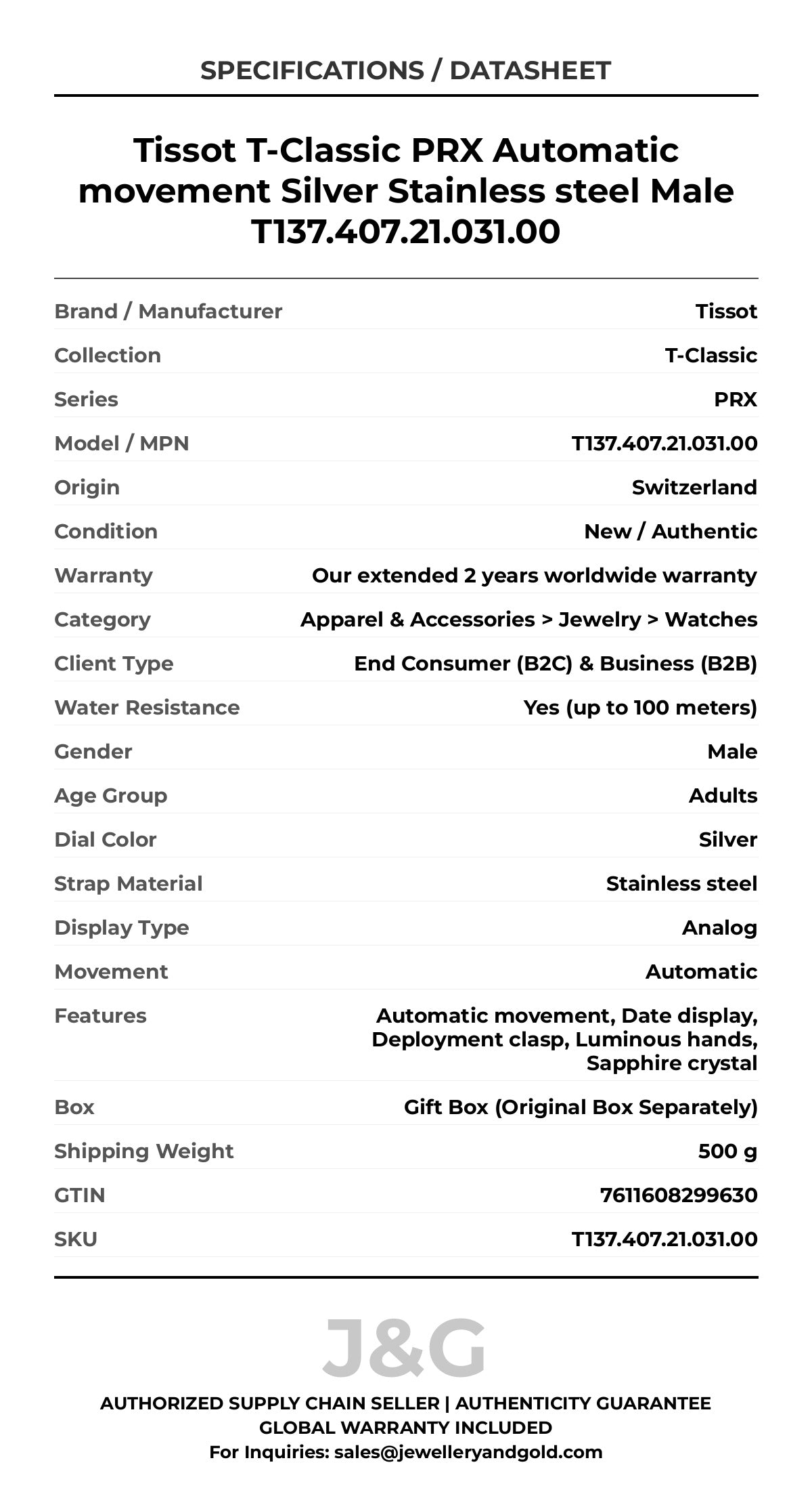 Tissot T-Classic PRX Automatic movement Silver Stainless steel Male T137.407.21.031.00 - Specifications