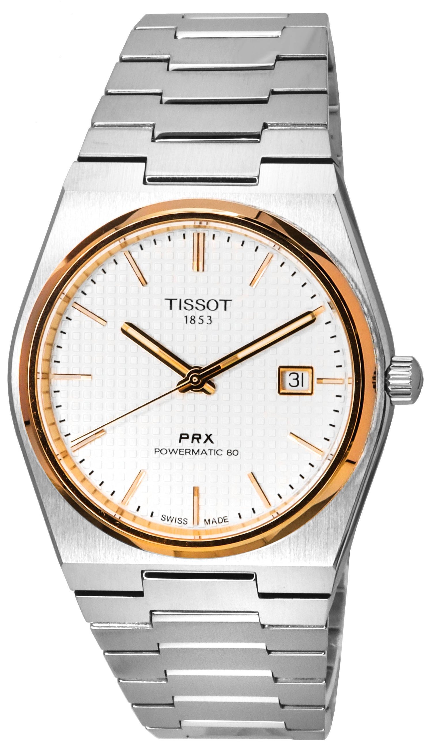 Tissot T-Classic PRX Automatic movement Silver Stainless steel Male T137.407.21.031.00. A brand-new Tissot T-Classic watch featuring a Silver dial and a Stainless steel strap. Side view.