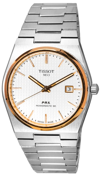Tissot T-Classic PRX Automatic movement Silver Stainless steel Male T137.407.21.031.00. A brand-new Tissot T-Classic watch featuring a Silver dial and a Stainless steel strap. Side view.