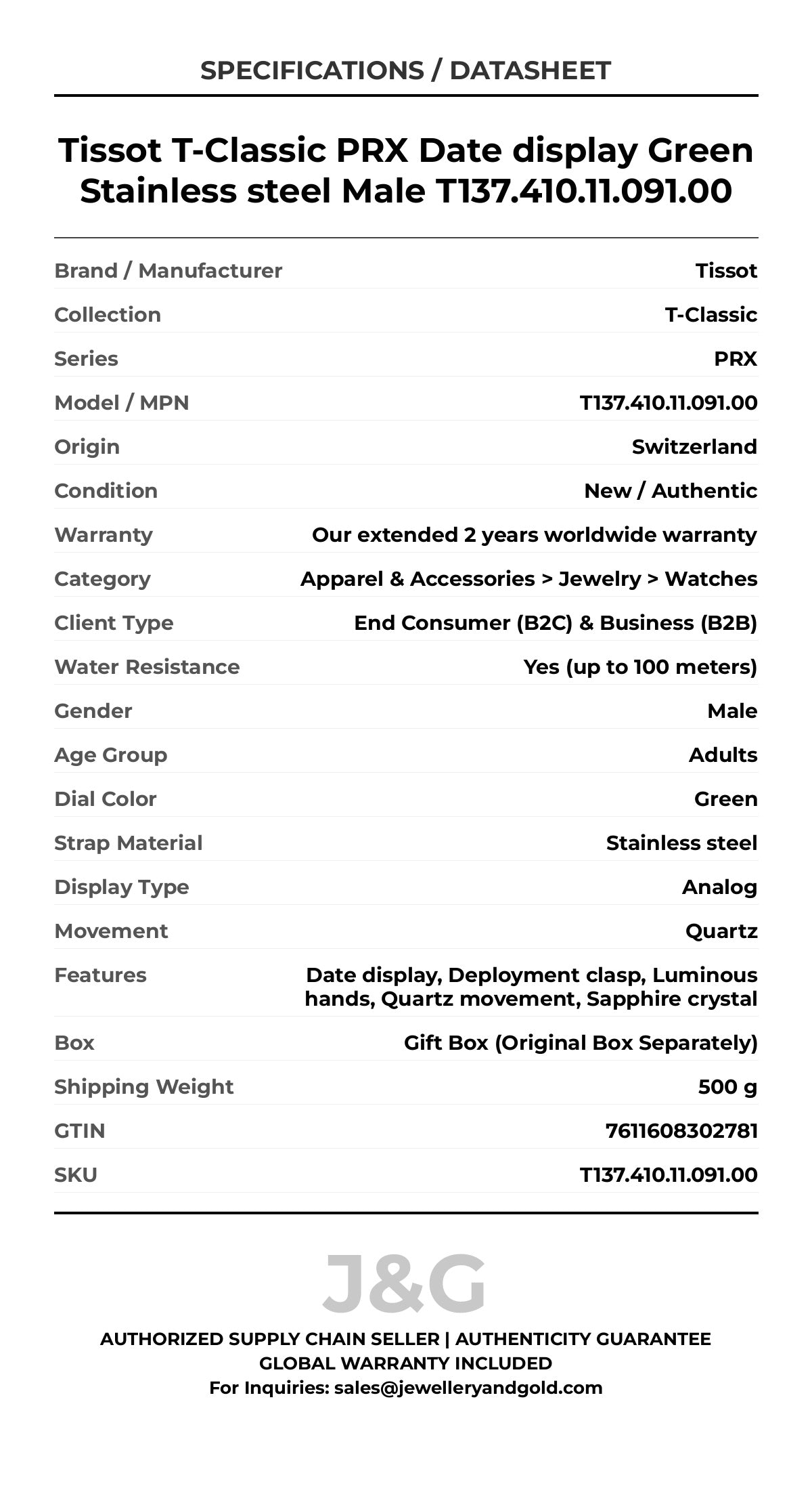 Tissot T-Classic PRX Date display Green Stainless steel Male T137.410.11.091.00 - Specifications