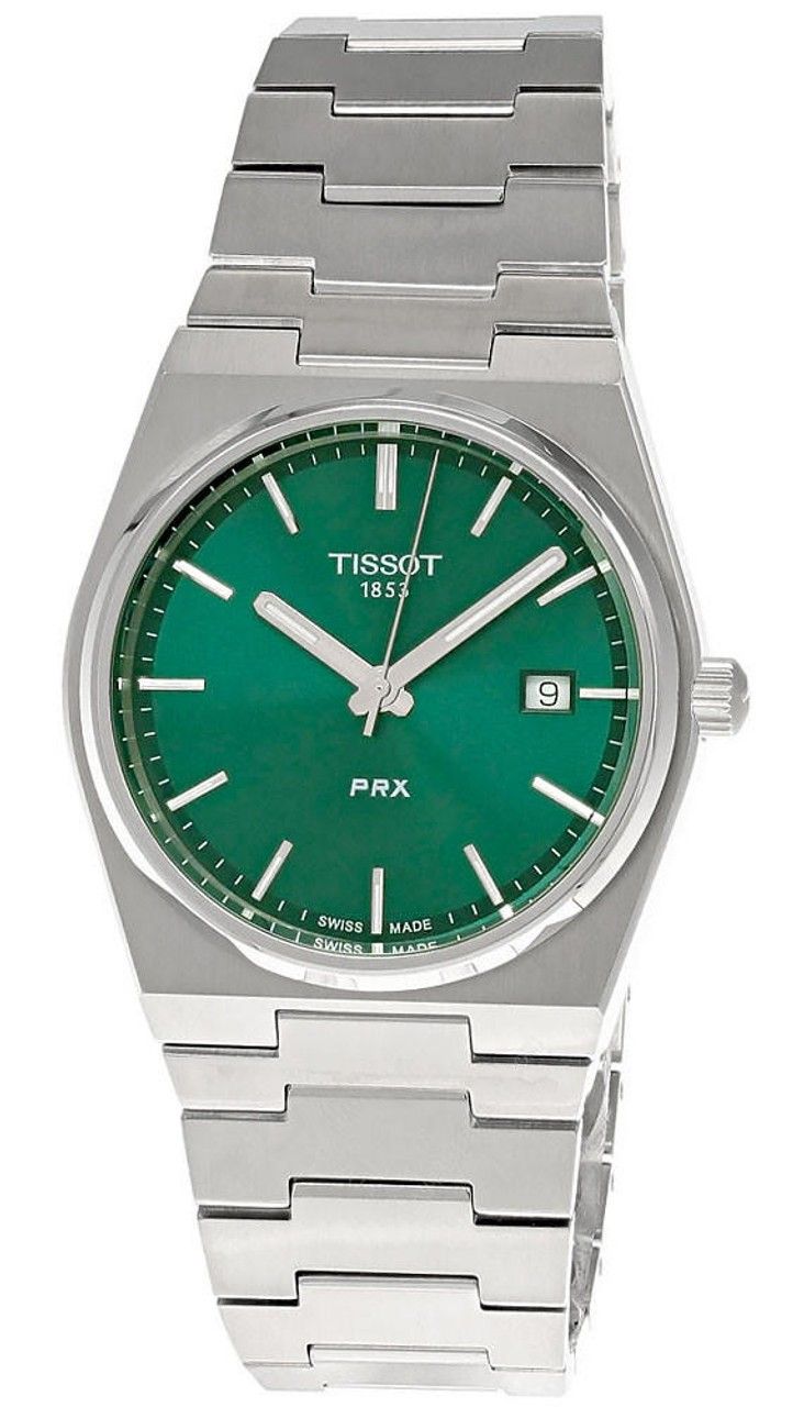 Tissot T-Classic PRX Date display Green Stainless steel Male T137.410.11.091.00. A brand-new Tissot T-Classic watch featuring a Green dial and a Stainless steel strap. Front view.
