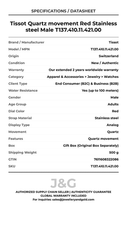 Tissot Quartz movement Red Stainless steel Male T137.410.11.421.00 - Specifications