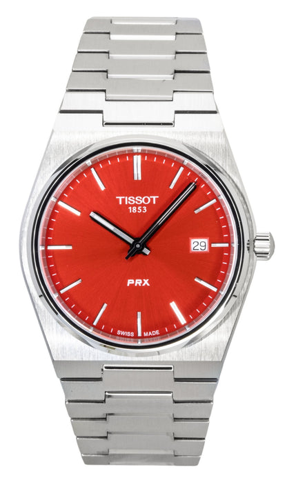 Tissot Quartz movement Red Stainless steel Male T137.410.11.421.00. A brand-new Tissot watch featuring a Red dial and a Stainless steel strap. Angled view.