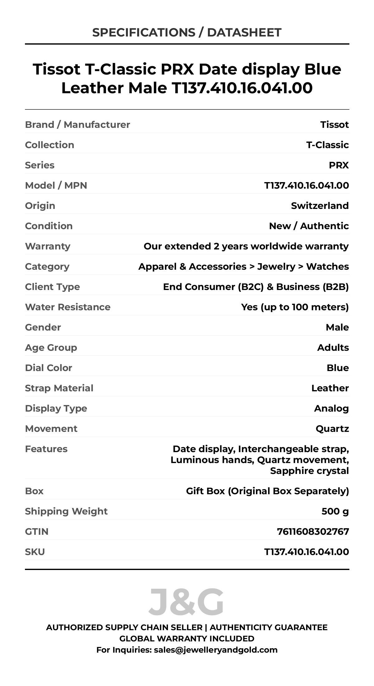 Tissot T-Classic PRX Date display Blue Leather Male T137.410.16.041.00 - Specifications