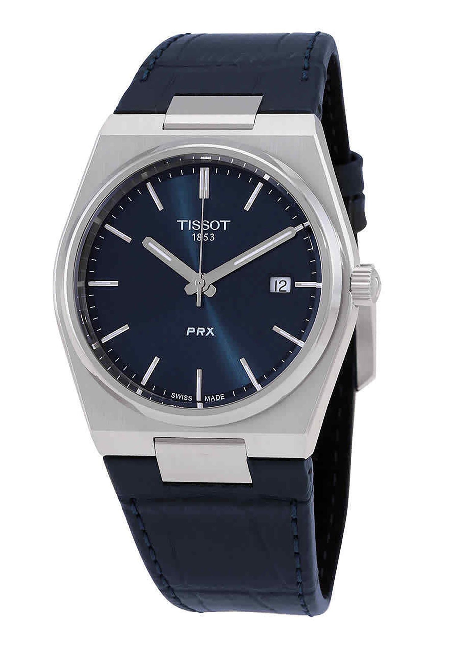 Tissot T-Classic PRX Date display Blue Leather Male T137.410.16.041.00. A brand-new Tissot T-Classic watch featuring a Blue dial and a Leather strap. Front view.