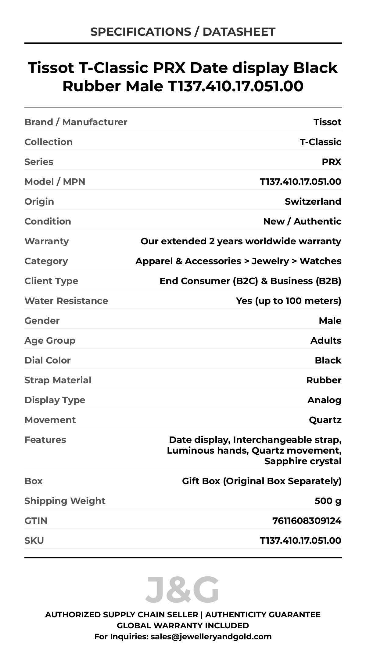 Tissot T-Classic PRX Date display Black Rubber Male T137.410.17.051.00 - Specifications