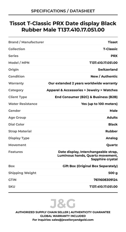 Tissot T-Classic PRX Date display Black Rubber Male T137.410.17.051.00 - Specifications