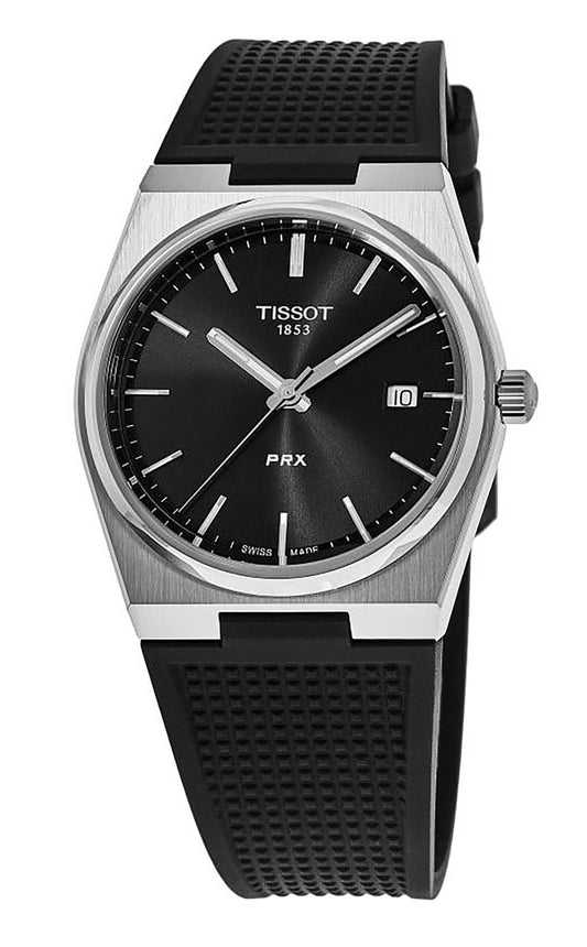Tissot T-Classic PRX Date display Black Rubber Male T137.410.17.051.00. A brand-new Tissot T-Classic watch featuring a Black dial and a Rubber strap. Front view.