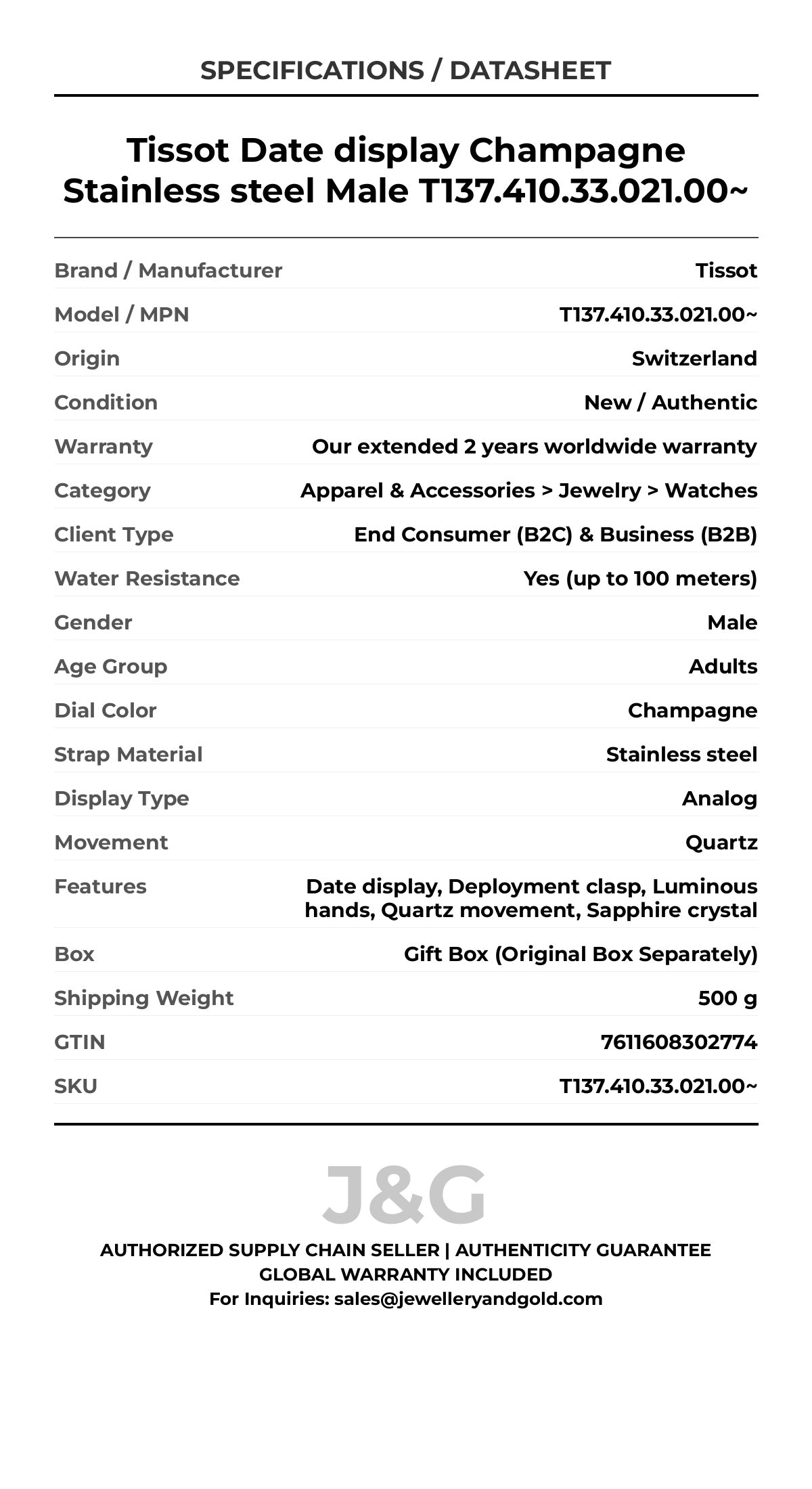 Tissot Date display Champagne Stainless steel Male T137.410.33.021.00~ - Specifications