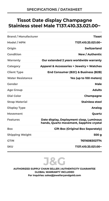 Tissot Date display Champagne Stainless steel Male T137.410.33.021.00~ - Specifications