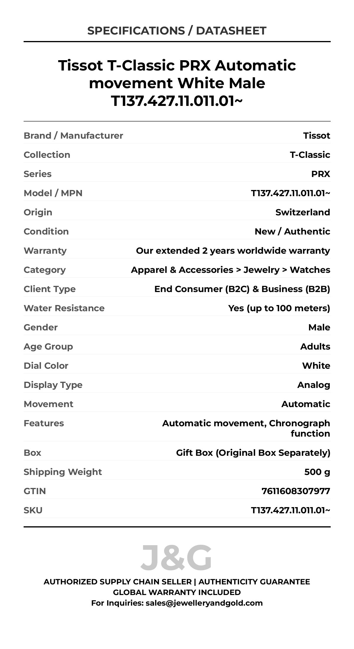 Tissot T-Classic PRX Automatic movement White Male T137.427.11.011.01~ - Specifications